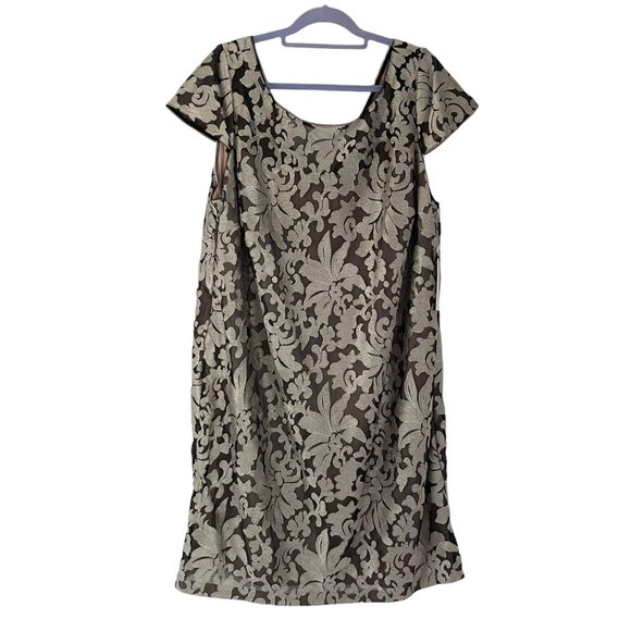Calvin Klein Dresses & Skirts - Calvin Klein Damask Black Champagne Embroidered Short Sleeve Sheath Dress 22W